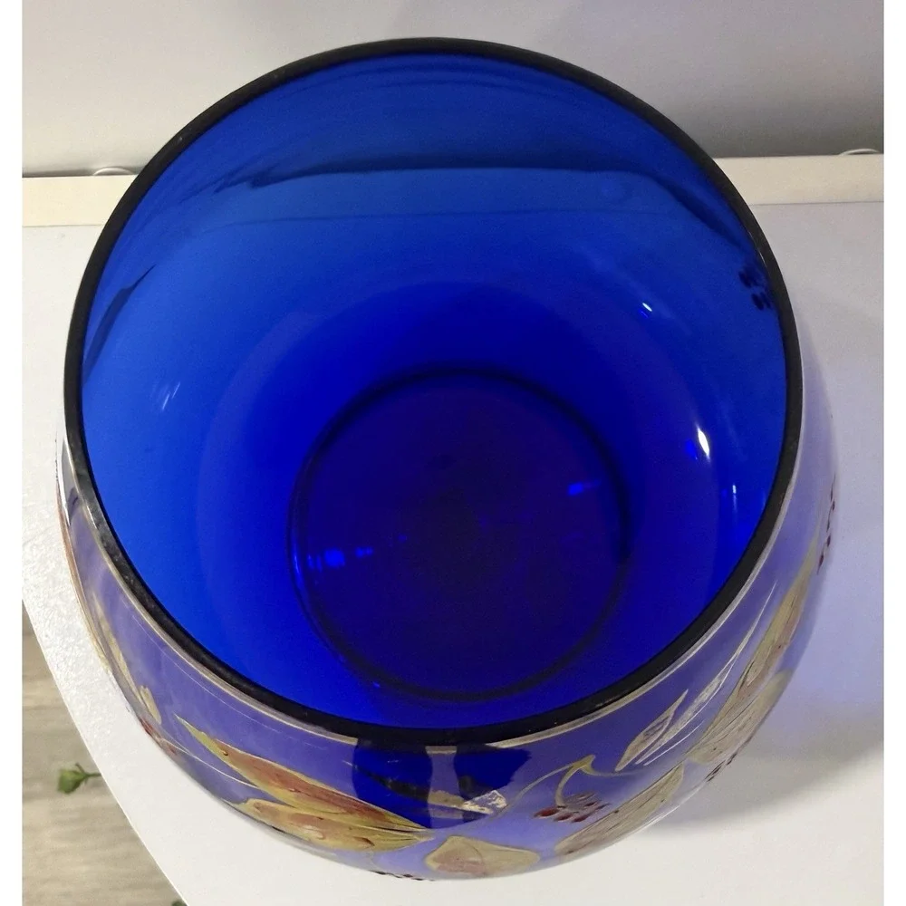 Bohemian Czech Cobalt Blue Cut To Clear Hand Painted Floral Dish Gold Trim